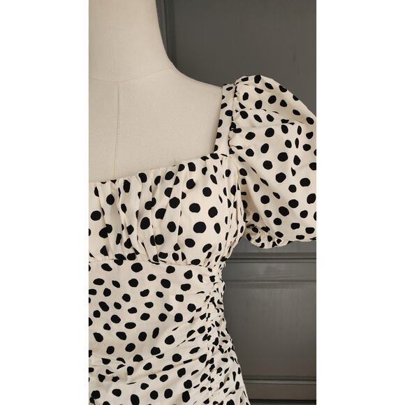 Zara Ruched Polka Dot Puff Sleeve Mini Dress Milkmaid Ivory & Black Dots Medium - Picture 9 of 10